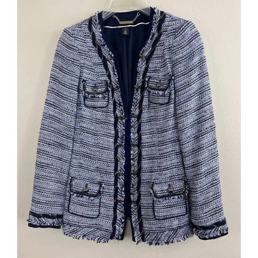 WHBM white house black market Blue Tweed Fray Chain Blazer Knit Jacket S Pet 6p